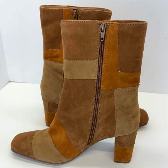 Seychelles Hometown Patchwork Multi Suede Leather Cognac Heeled Boots Women 9.5 - Picture 6 of 9